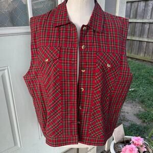 Vintage 80s Red and black plaid button down sleeveless top vest size XL